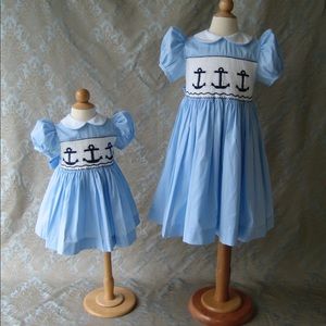 Anchor Smocked Dress 100% Cotton Nautical Spring